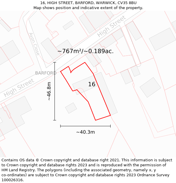 16, HIGH STREET, BARFORD, WARWICK, CV35 8BU: Plot and title map