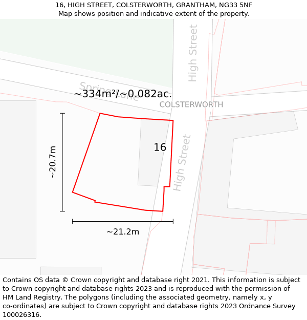 16, HIGH STREET, COLSTERWORTH, GRANTHAM, NG33 5NF: Plot and title map