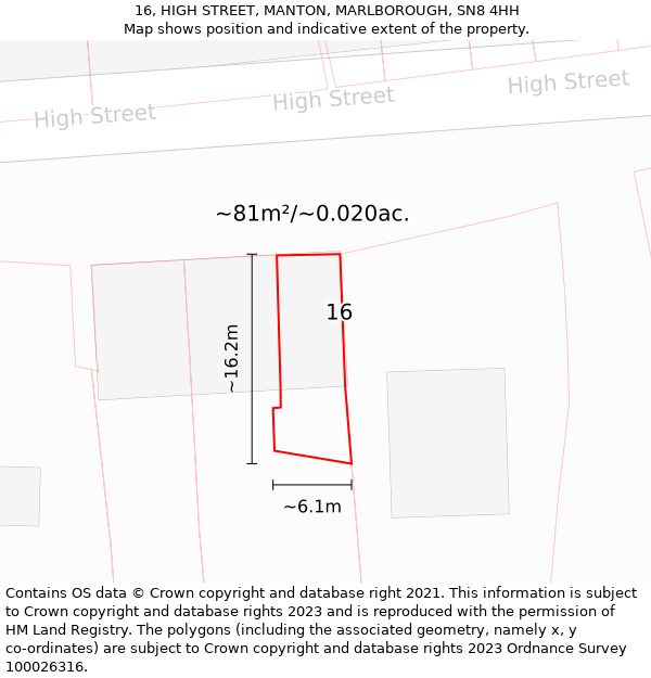 16, HIGH STREET, MANTON, MARLBOROUGH, SN8 4HH: Plot and title map