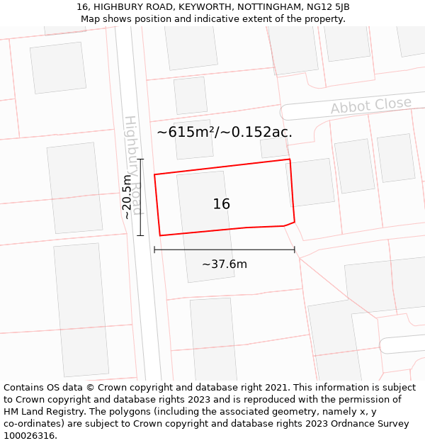 16, HIGHBURY ROAD, KEYWORTH, NOTTINGHAM, NG12 5JB: Plot and title map