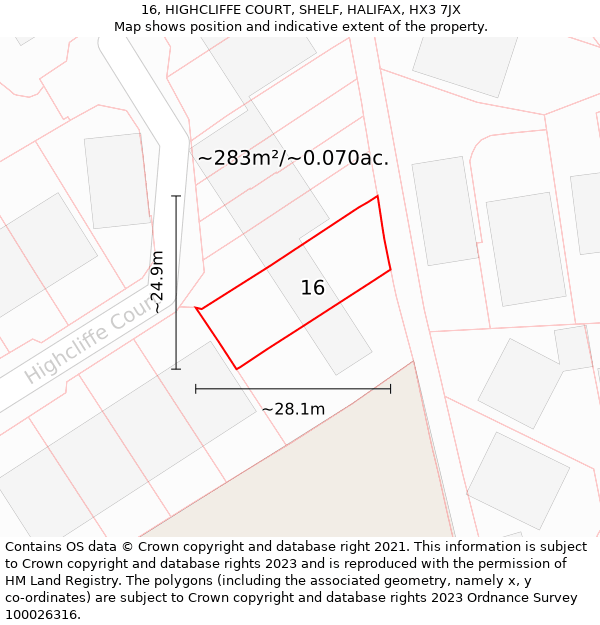 16, HIGHCLIFFE COURT, SHELF, HALIFAX, HX3 7JX: Plot and title map