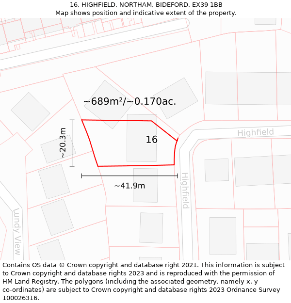 16, HIGHFIELD, NORTHAM, BIDEFORD, EX39 1BB: Plot and title map