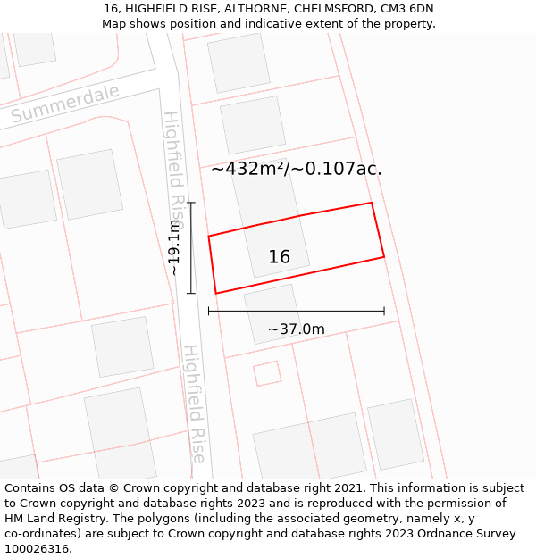 16, HIGHFIELD RISE, ALTHORNE, CHELMSFORD, CM3 6DN: Plot and title map