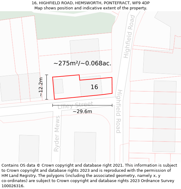 16, HIGHFIELD ROAD, HEMSWORTH, PONTEFRACT, WF9 4DP: Plot and title map