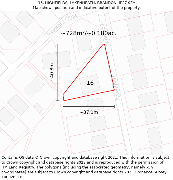 16, HIGHFIELDS, LAKENHEATH, BRANDON, IP27 9EA: Plot and title map