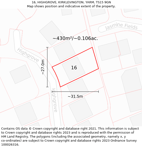 16, HIGHGROVE, KIRKLEVINGTON, YARM, TS15 9GN: Plot and title map