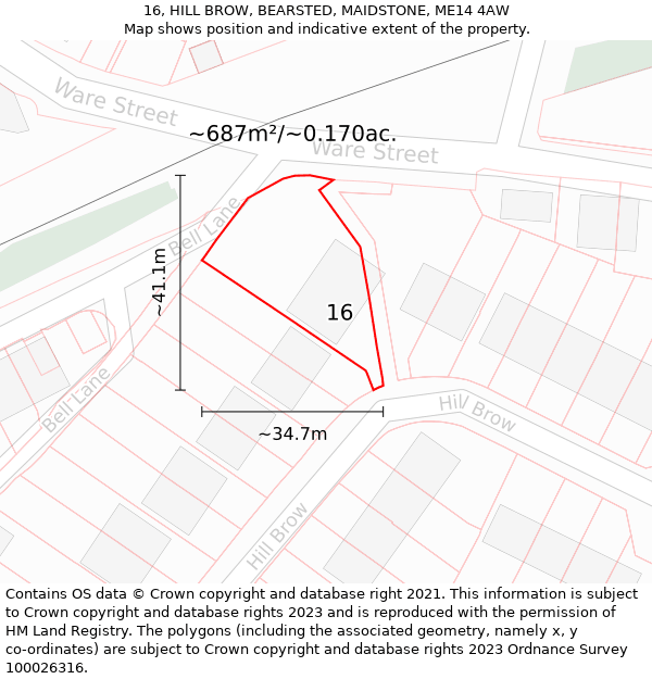 16, HILL BROW, BEARSTED, MAIDSTONE, ME14 4AW: Plot and title map