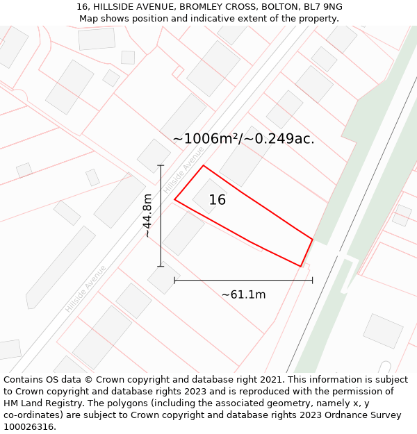 16, HILLSIDE AVENUE, BROMLEY CROSS, BOLTON, BL7 9NG: Plot and title map