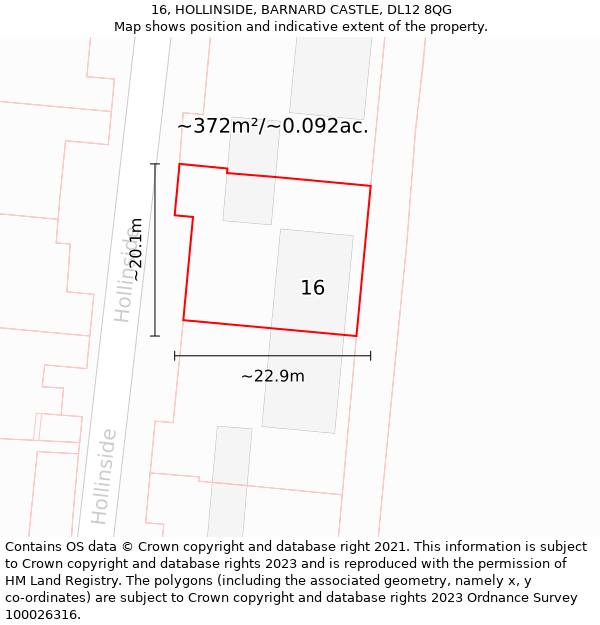 16, HOLLINSIDE, BARNARD CASTLE, DL12 8QG: Plot and title map