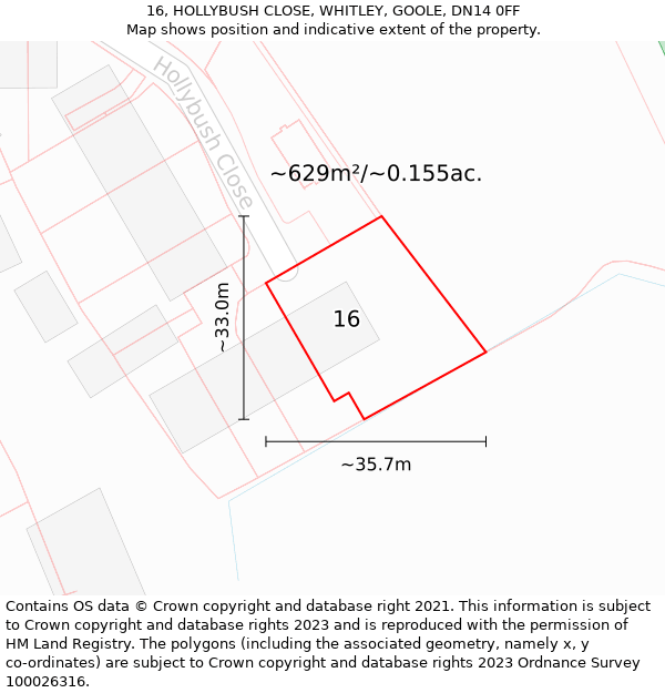 16, HOLLYBUSH CLOSE, WHITLEY, GOOLE, DN14 0FF: Plot and title map