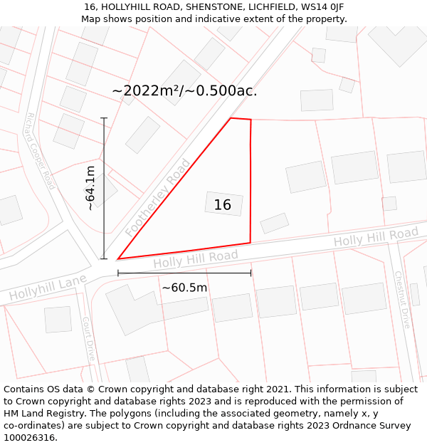 16, HOLLYHILL ROAD, SHENSTONE, LICHFIELD, WS14 0JF: Plot and title map