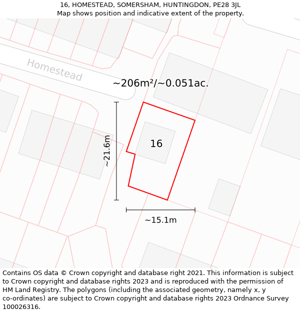 16, HOMESTEAD, SOMERSHAM, HUNTINGDON, PE28 3JL: Plot and title map