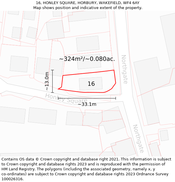 16, HONLEY SQUARE, HORBURY, WAKEFIELD, WF4 6AY: Plot and title map
