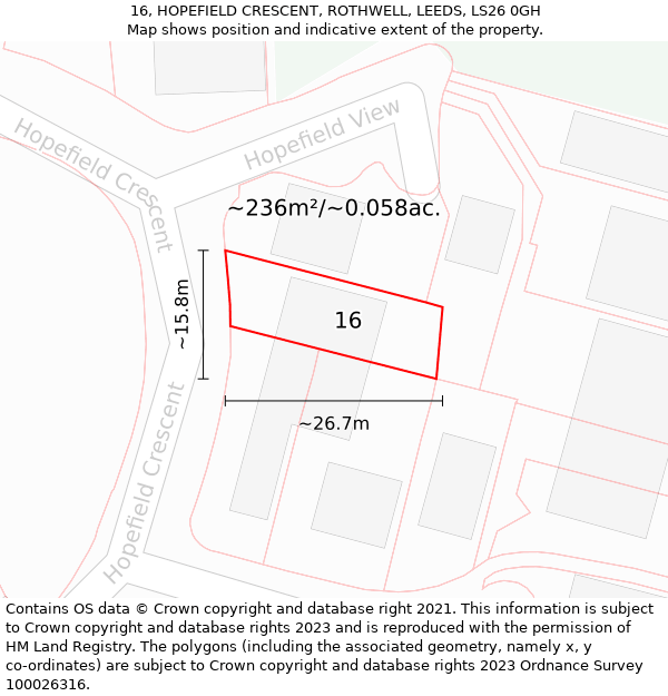 16, HOPEFIELD CRESCENT, ROTHWELL, LEEDS, LS26 0GH: Plot and title map