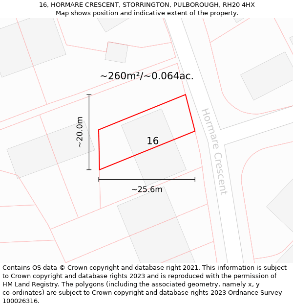 16, HORMARE CRESCENT, STORRINGTON, PULBOROUGH, RH20 4HX: Plot and title map