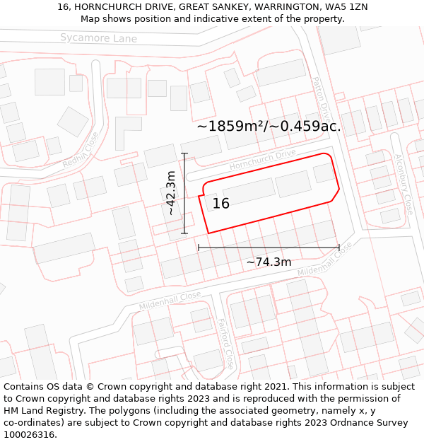 16, HORNCHURCH DRIVE, GREAT SANKEY, WARRINGTON, WA5 1ZN: Plot and title map