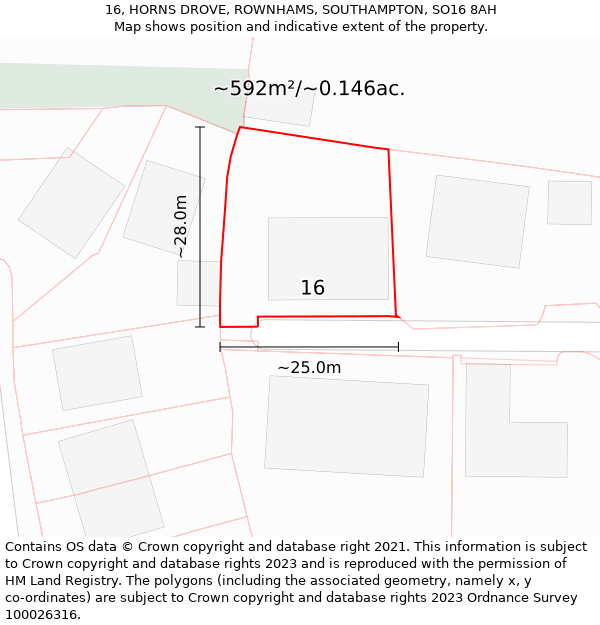 16, HORNS DROVE, ROWNHAMS, SOUTHAMPTON, SO16 8AH: Plot and title map