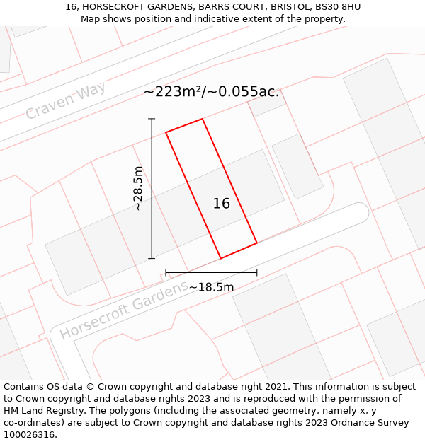16, HORSECROFT GARDENS, BARRS COURT, BRISTOL, BS30 8HU: Plot and title map