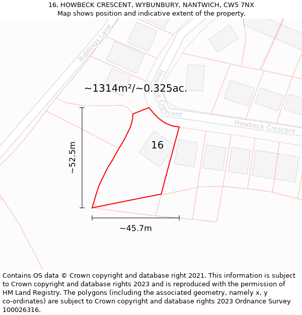 16, HOWBECK CRESCENT, WYBUNBURY, NANTWICH, CW5 7NX: Plot and title map