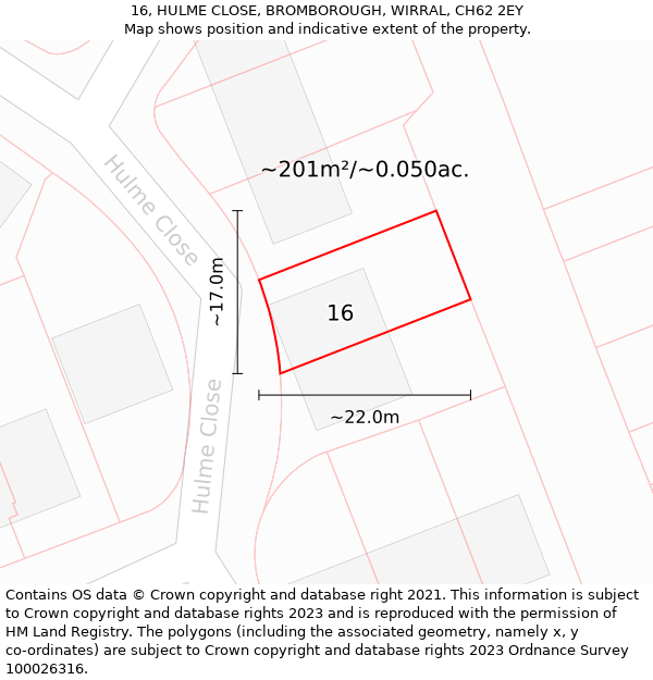 16, HULME CLOSE, BROMBOROUGH, WIRRAL, CH62 2EY: Plot and title map