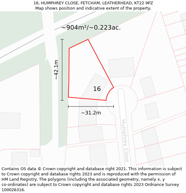 16, HUMPHREY CLOSE, FETCHAM, LEATHERHEAD, KT22 9PZ: Plot and title map