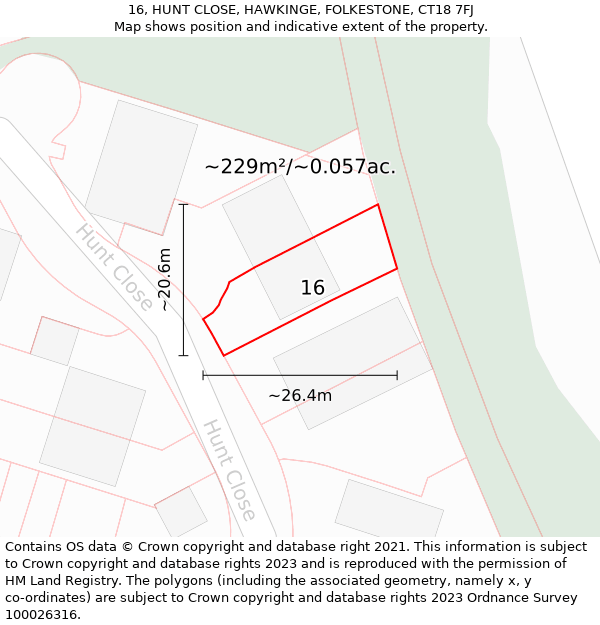 16, HUNT CLOSE, HAWKINGE, FOLKESTONE, CT18 7FJ: Plot and title map