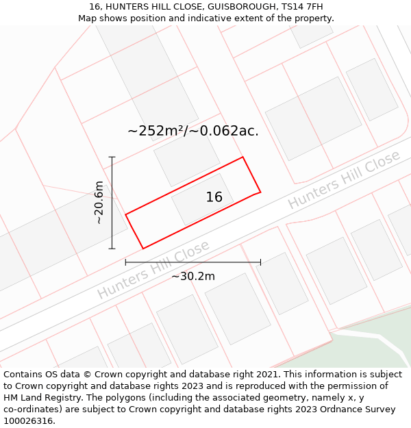 16, HUNTERS HILL CLOSE, GUISBOROUGH, TS14 7FH: Plot and title map