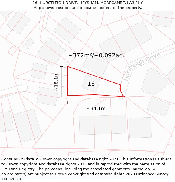 16, HURSTLEIGH DRIVE, HEYSHAM, MORECAMBE, LA3 2HY: Plot and title map