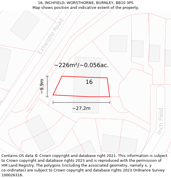 16, INCHFIELD, WORSTHORNE, BURNLEY, BB10 3PS: Plot and title map