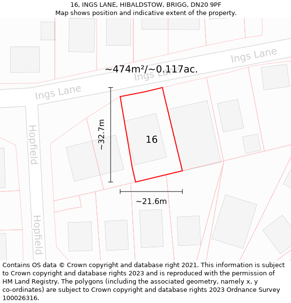 16, INGS LANE, HIBALDSTOW, BRIGG, DN20 9PF: Plot and title map