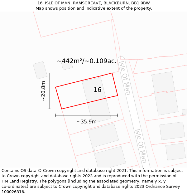16, ISLE OF MAN, RAMSGREAVE, BLACKBURN, BB1 9BW: Plot and title map