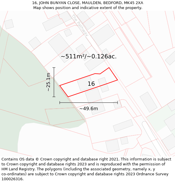 16, JOHN BUNYAN CLOSE, MAULDEN, BEDFORD, MK45 2XA: Plot and title map