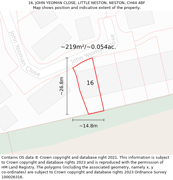 16, JOHN YEOMAN CLOSE, LITTLE NESTON, NESTON, CH64 4BF: Plot and title map