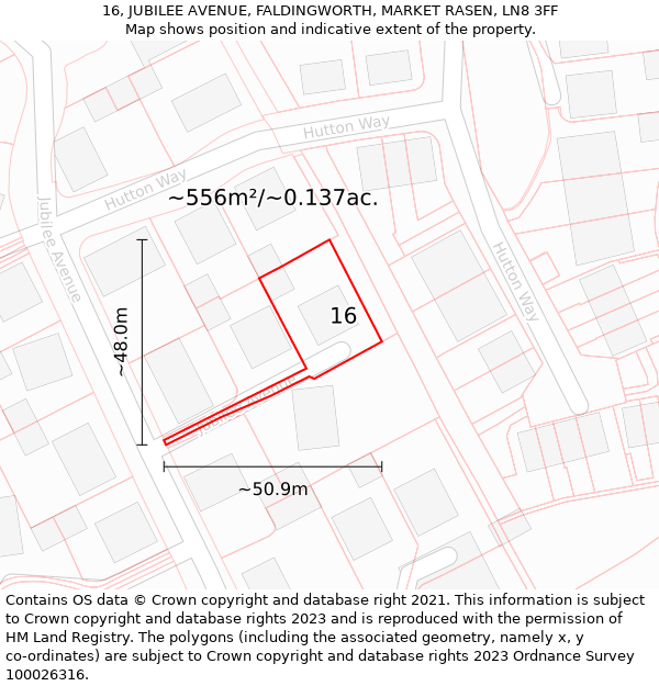 16, JUBILEE AVENUE, FALDINGWORTH, MARKET RASEN, LN8 3FF: Plot and title map