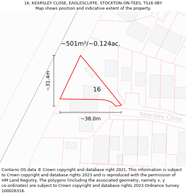 16, KEARSLEY CLOSE, EAGLESCLIFFE, STOCKTON-ON-TEES, TS16 0BY: Plot and title map