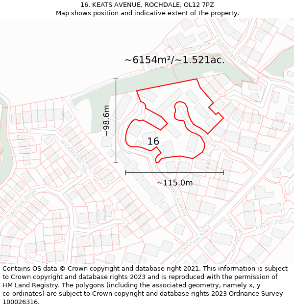 16, KEATS AVENUE, ROCHDALE, OL12 7PZ: Plot and title map