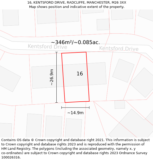 16, KENTSFORD DRIVE, RADCLIFFE, MANCHESTER, M26 3XX: Plot and title map