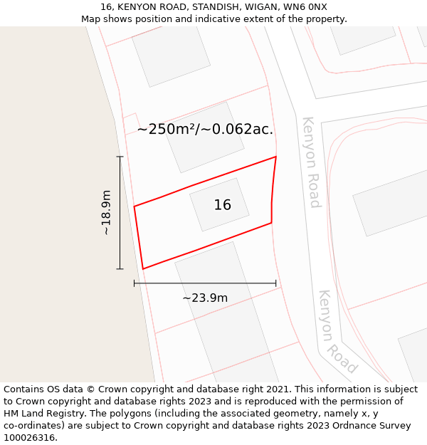 16, KENYON ROAD, STANDISH, WIGAN, WN6 0NX: Plot and title map