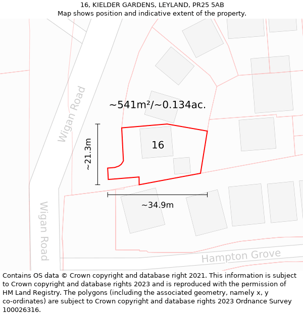 16, KIELDER GARDENS, LEYLAND, PR25 5AB: Plot and title map