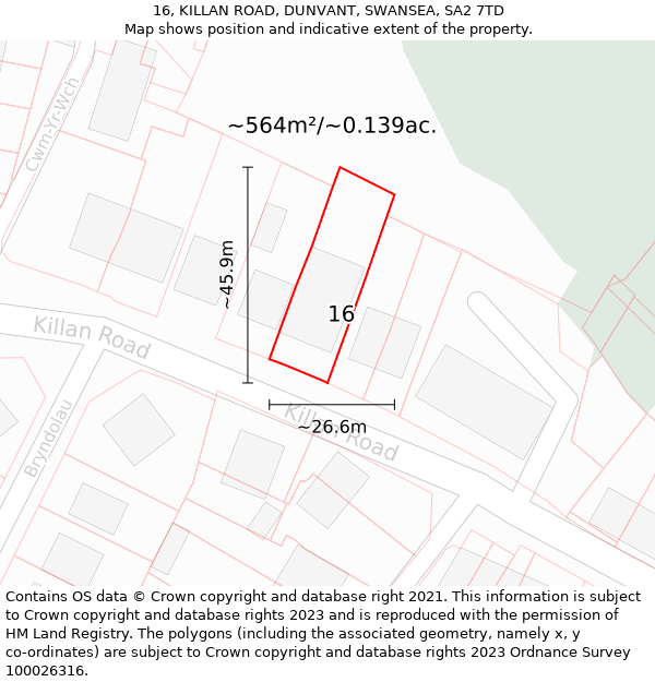 16, KILLAN ROAD, DUNVANT, SWANSEA, SA2 7TD: Plot and title map