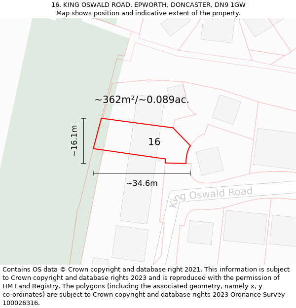 16, KING OSWALD ROAD, EPWORTH, DONCASTER, DN9 1GW: Plot and title map