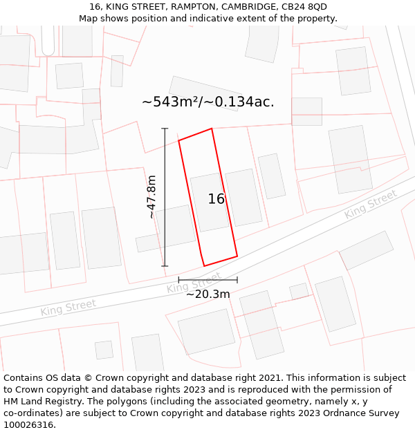 16, KING STREET, RAMPTON, CAMBRIDGE, CB24 8QD: Plot and title map