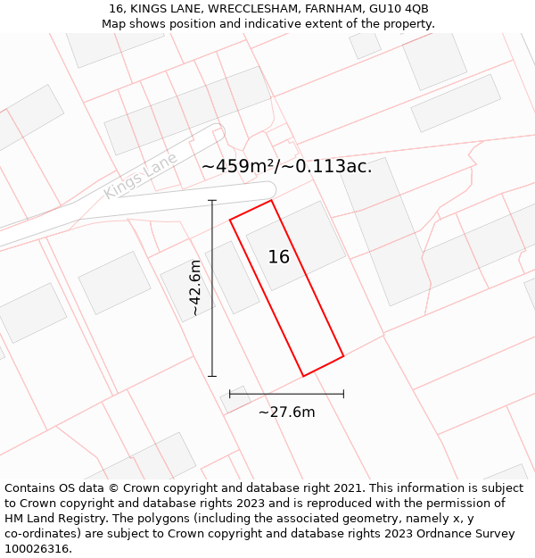16, KINGS LANE, WRECCLESHAM, FARNHAM, GU10 4QB: Plot and title map