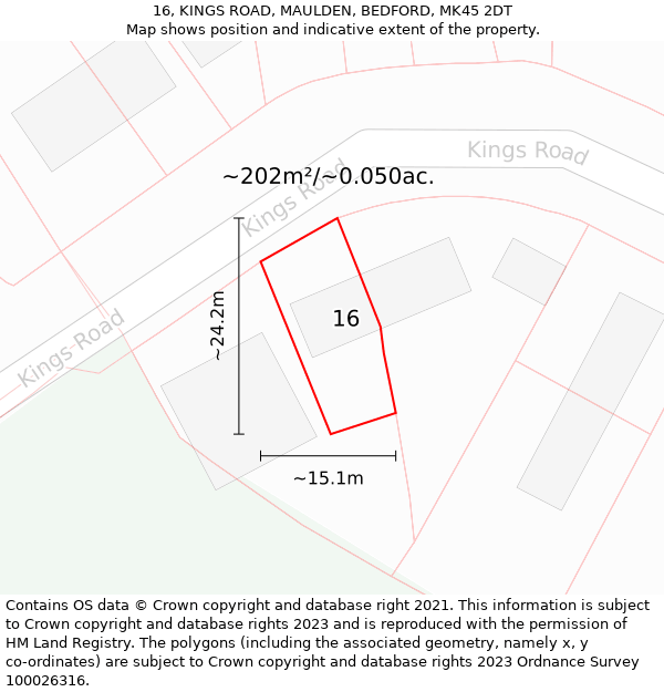 16, KINGS ROAD, MAULDEN, BEDFORD, MK45 2DT: Plot and title map