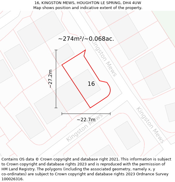 16, KINGSTON MEWS, HOUGHTON LE SPRING, DH4 4UW: Plot and title map