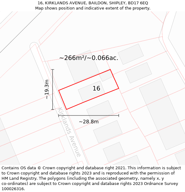 16, KIRKLANDS AVENUE, BAILDON, SHIPLEY, BD17 6EQ: Plot and title map