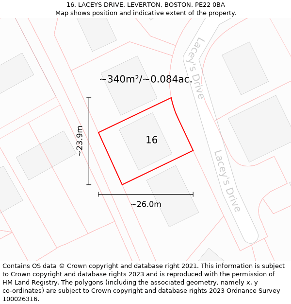 16, LACEYS DRIVE, LEVERTON, BOSTON, PE22 0BA: Plot and title map