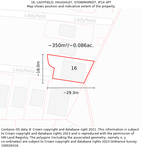 16, LADYFIELD, HAUGHLEY, STOWMARKET, IP14 3PT: Plot and title map