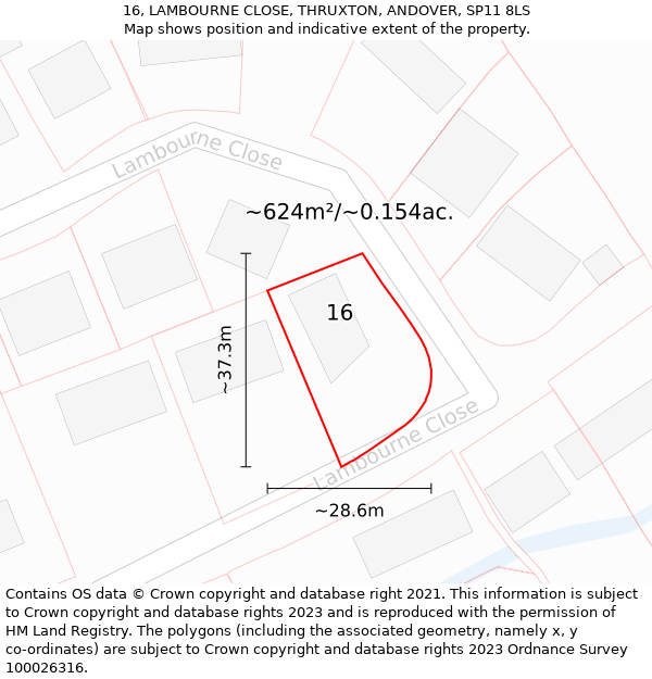 16, LAMBOURNE CLOSE, THRUXTON, ANDOVER, SP11 8LS: Plot and title map