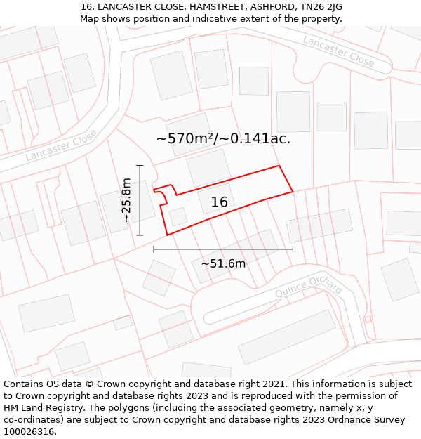 16, LANCASTER CLOSE, HAMSTREET, ASHFORD, TN26 2JG: Plot and title map